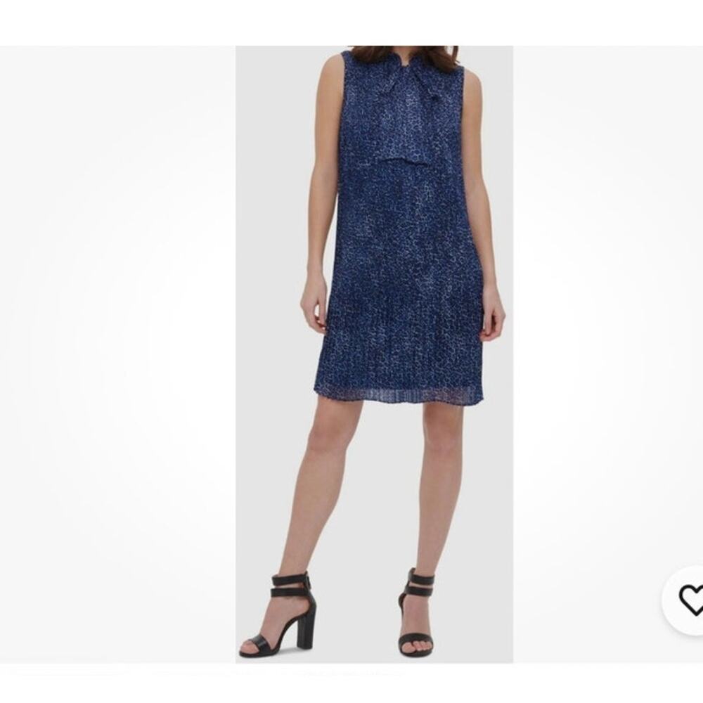 DKNY Womens Dress 12 Blue Pleated Animal Print Tie Neck Mini Office Modest